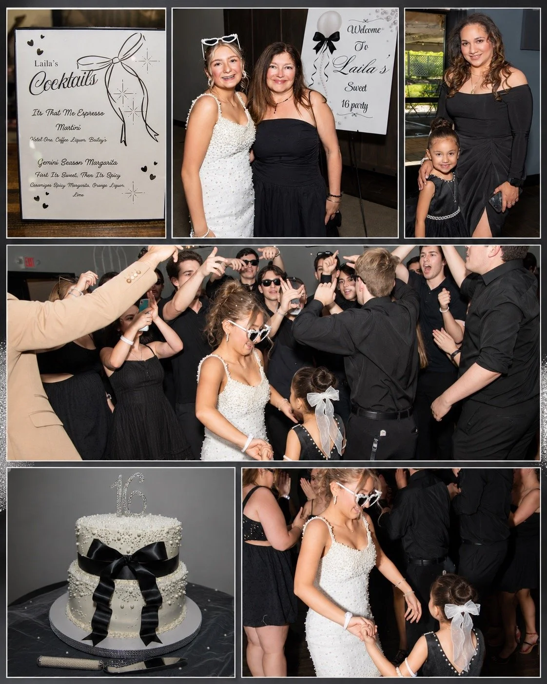 Sweet 16 event photography collage featuring the birthday girl, family portraits, dancing, party guests, custom signage, and a decorated birthday cake at a New Jersey celebration.