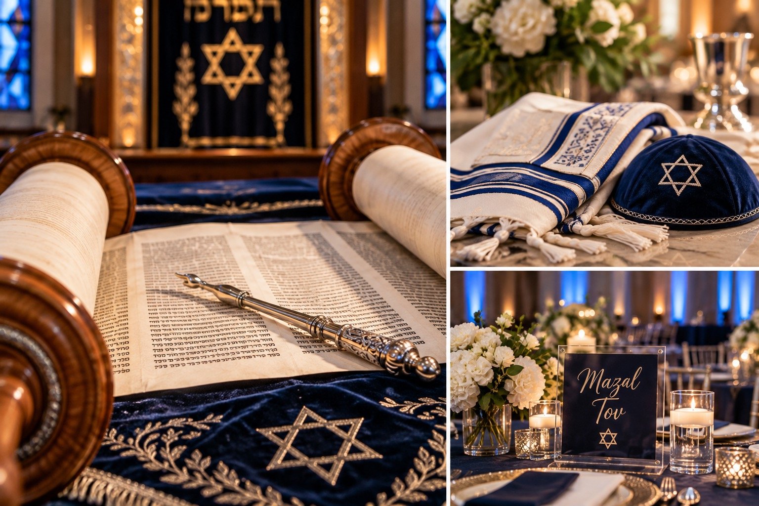 Torah scroll, tallit, kippah and elegant Bar and Bat Mitzvah table decor photographed in Princeton, New Jersey.