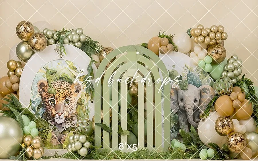 Decorative scene with animal illustrations, including a leopard and an elephant, surrounded by metallic and pastel-colored balloons and greenery.