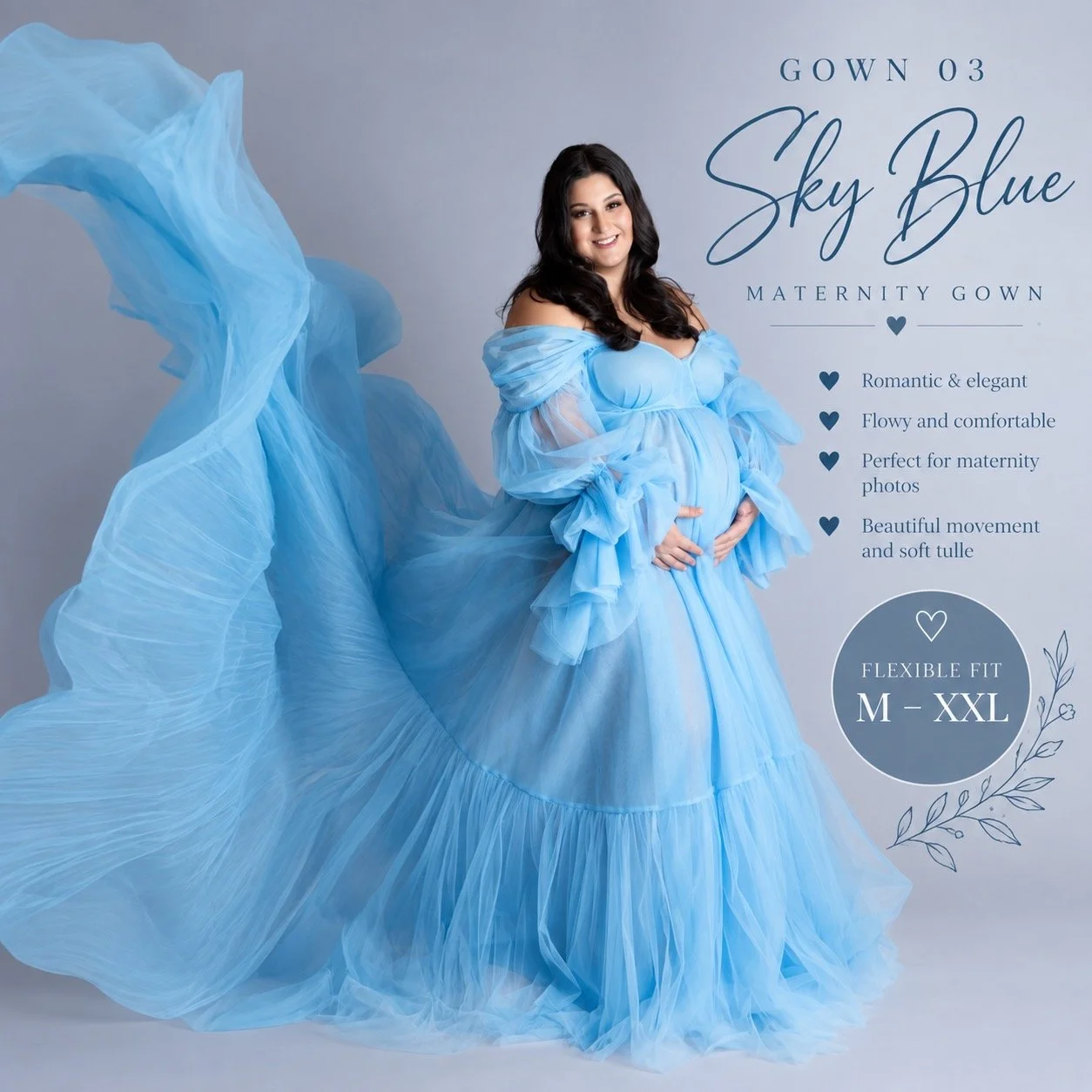 Pregnant mother wearing a sky blue tulle maternity gown with flexible M–XXL fit during a studio maternity photography session in West Windsor, NJ.