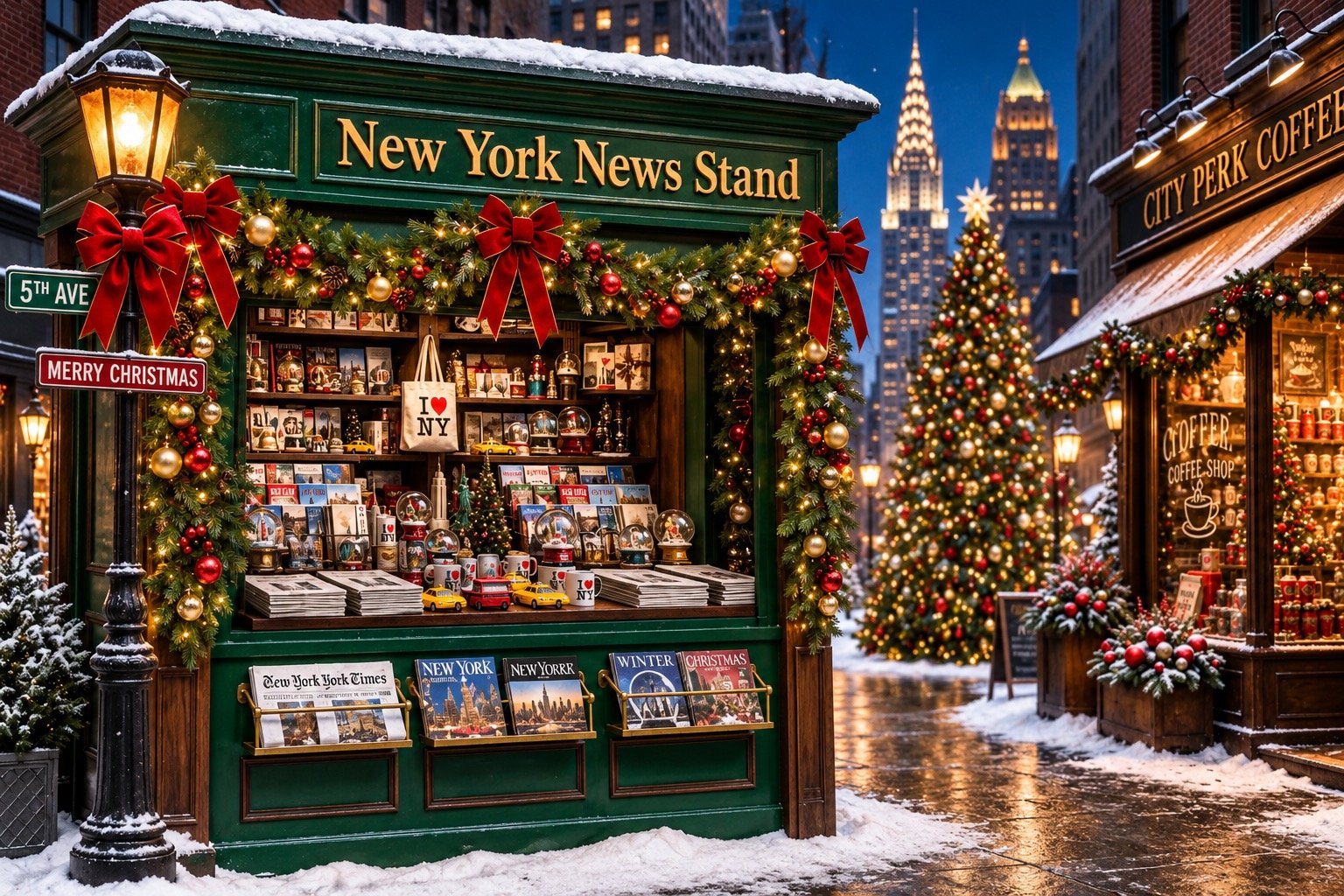 New York News Stand Christmas backdrop for holiday photo sessions in West Windsor NJ