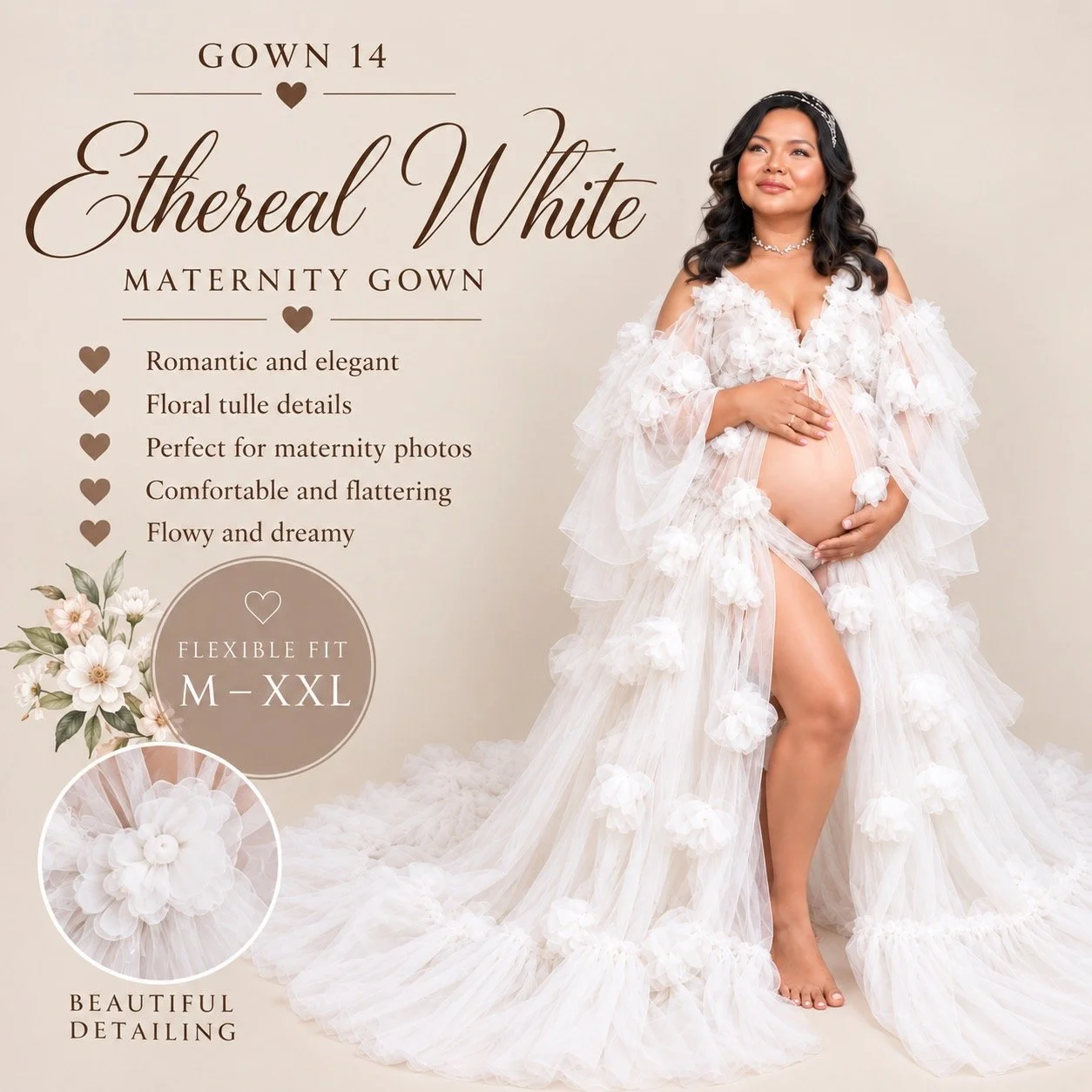 Pregnant mother wearing an ethereal white floral tulle maternity gown with flexible M–XXL fit during a studio maternity photography session in West Windsor, NJ.