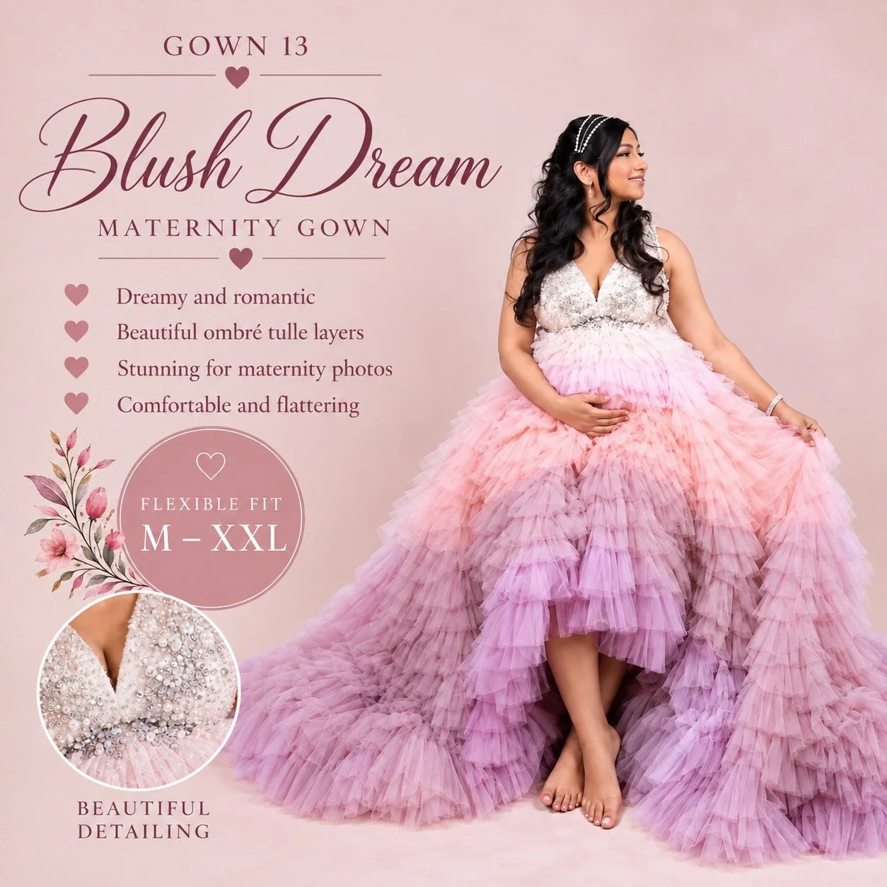 Pregnant mother wearing a blush pink and lilac ombré maternity gown with flexible M–XXL fit during a studio maternity photography session in West Windsor, NJ.
