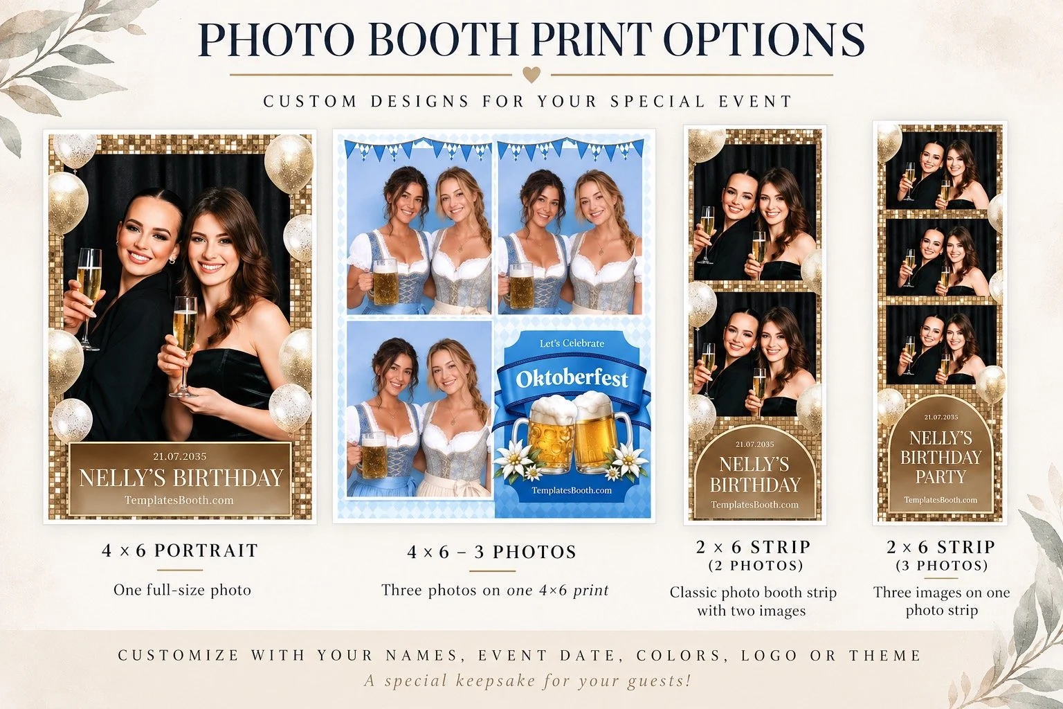 Photo booth print options including 4x6 portrait, 4x6 three-photo layout, and 2x6 photo strips by Svetlana Boyko Photography in New Jersey.