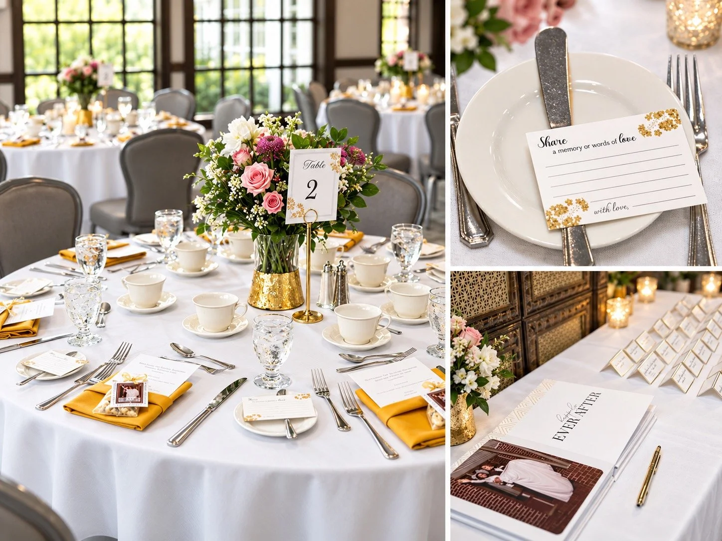 Luxury wedding reception detail collage featuring elegant table settings, floral centerpieces, guest memory cards, place cards, and a wedding guest book at a New Jersey event.