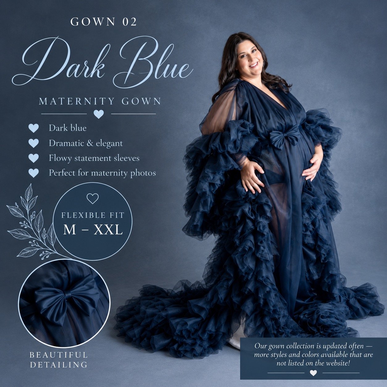 Pregnant mother wearing a dark blue ruffle maternity gown with flexible M–XXL fit for a studio maternity photography session in West Windsor, NJ.