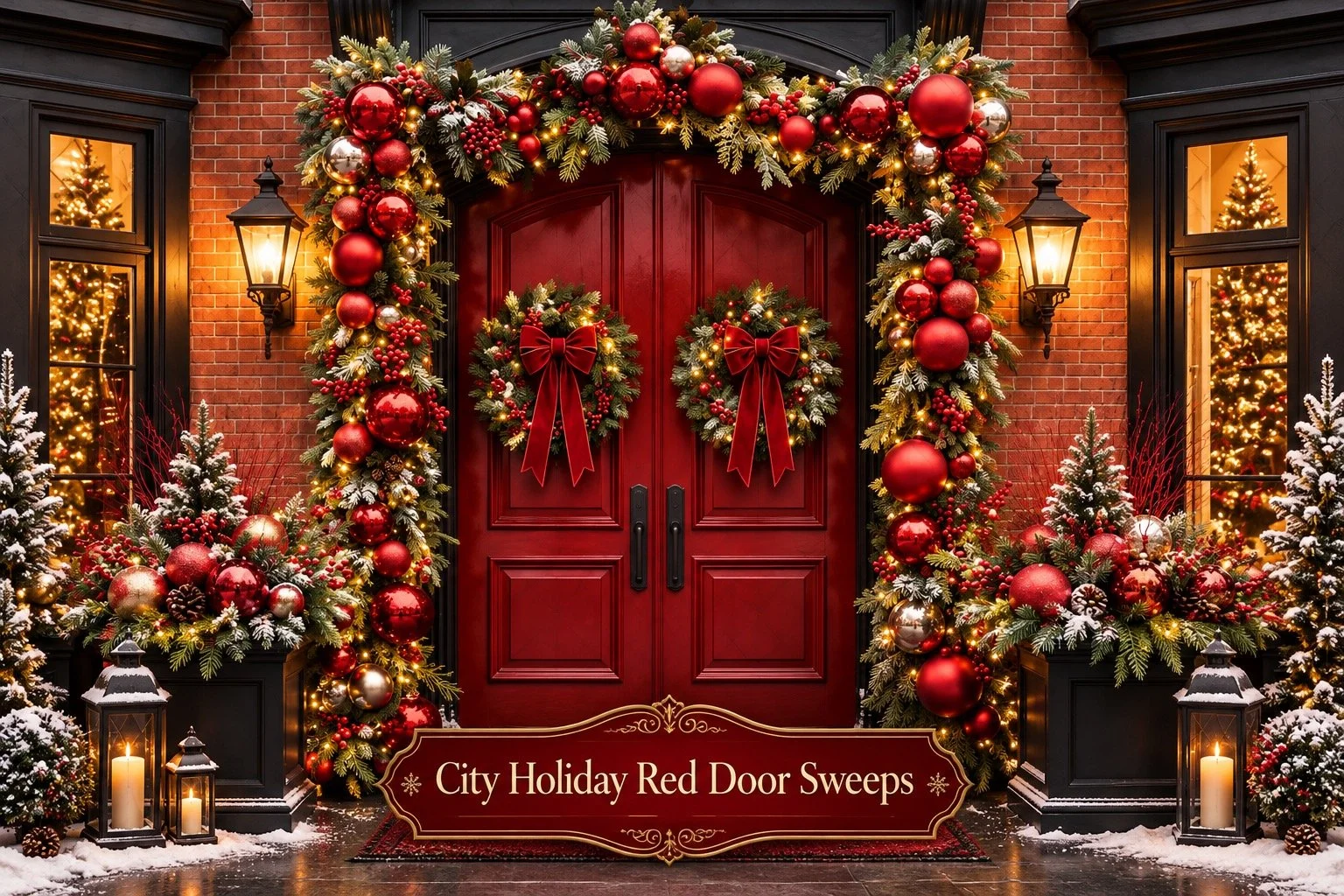 City Holiday Red Door Sweeps Christmas backdrop with red doors, wreaths and holiday greenery for Christmas photo sessions in West Windsor NJ