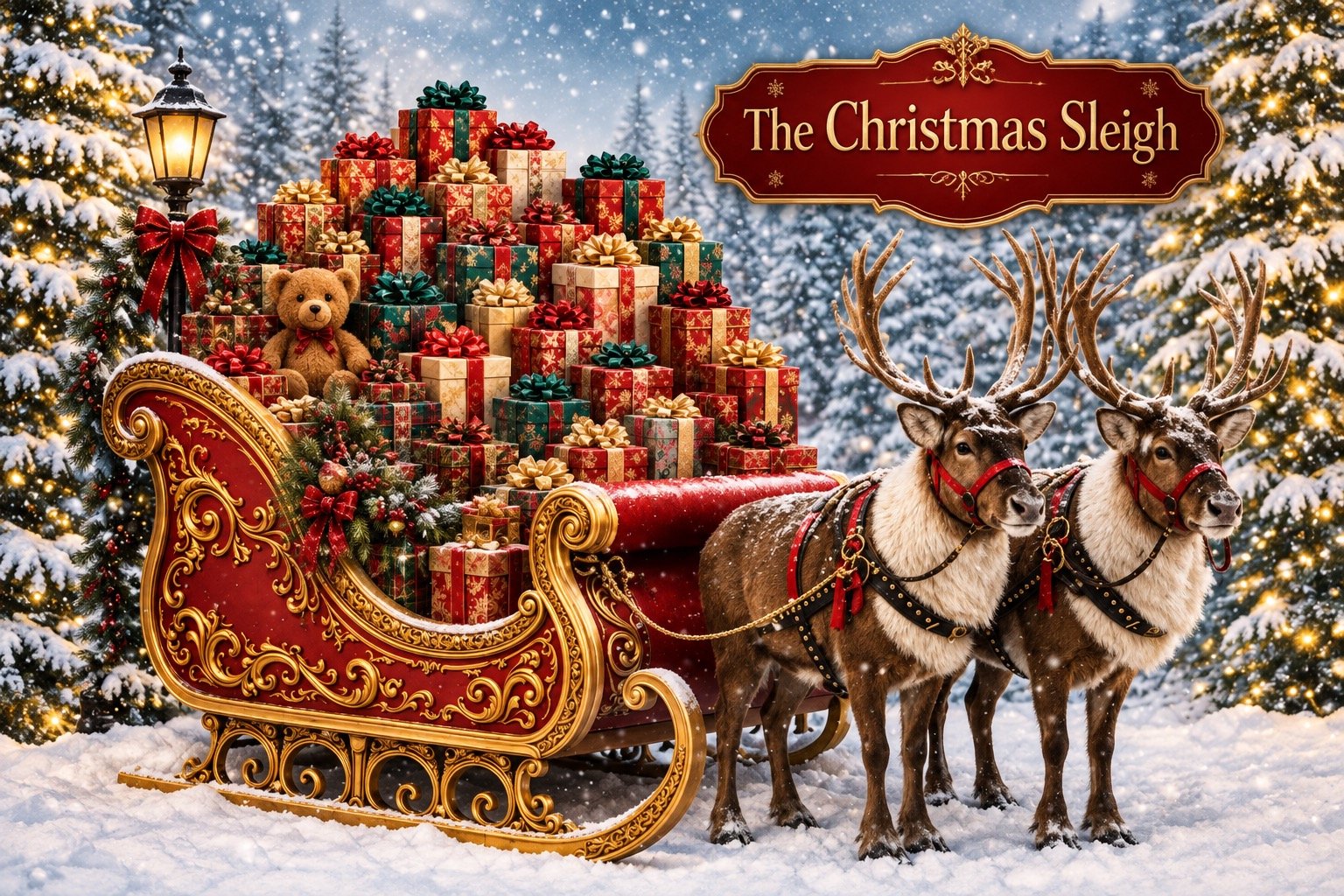 The Christmas Sleigh backdrop with reindeer and presents for holiday photo sessions in West Windsor NJ