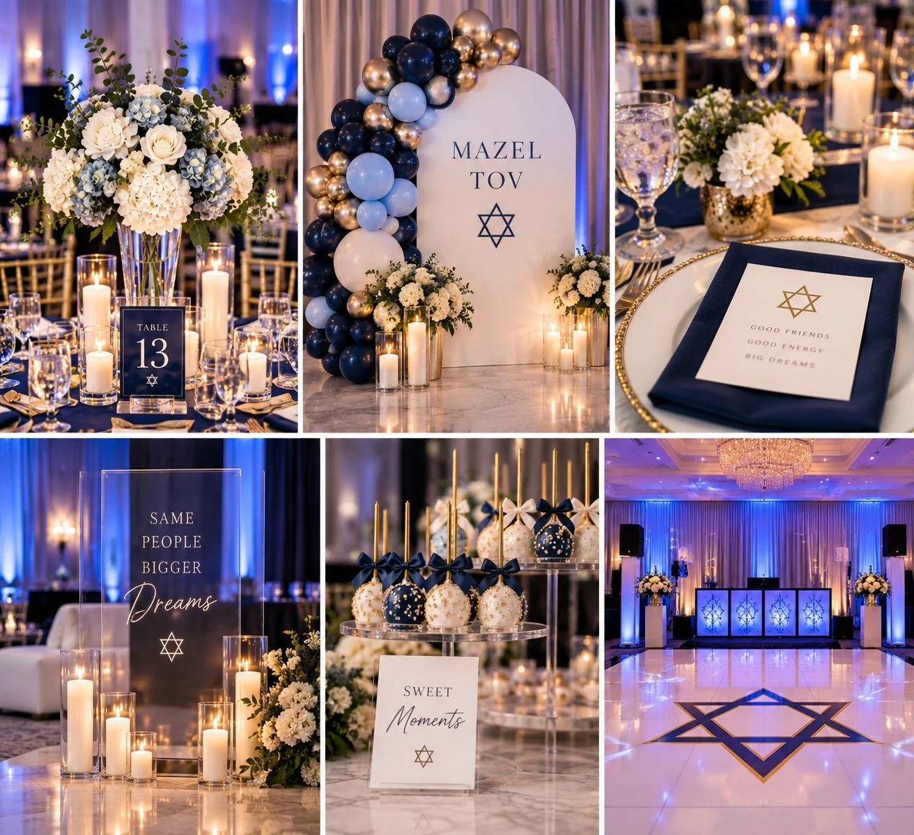 Elegant Bar and Bat Mitzvah decor with blue and white florals, candles, Mazel Tov backdrop, table settings, desserts and dance floor in New Jersey.