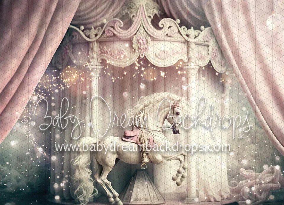 A pink and white indoor baby's nursery decor with a carousel horse, curtains, and fairy lights.