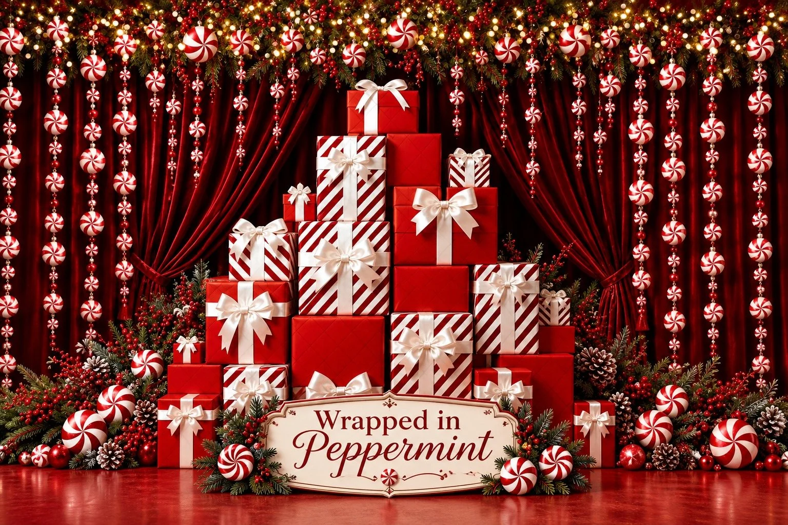 Wrapped in Peppermint Christmas backdrop with red gifts, peppermint decorations and holiday lights for Christmas photo sessions in West Windsor NJ