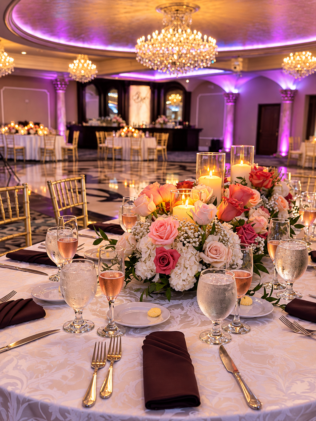 Elegant reception table with pink and ivory flowers, glowing candles, and burgundy napkins beneath crystal chandeliers and purple uplighting.