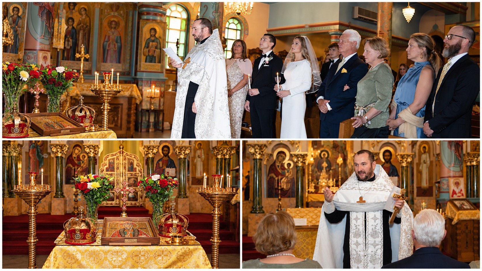 Orthodox wedding ceremony photography collage featuring the priest, bride and groom, family members, religious icons, candles, flowers, and traditional church details at a New Jersey wedding.