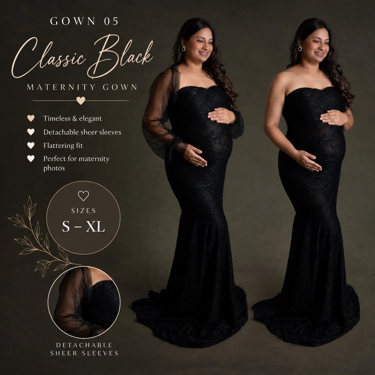 Pregnant mother wearing a classic black fitted maternity gown with detachable sheer sleeves, available in sizes S–XL, for studio maternity photography in West Windsor, NJ.