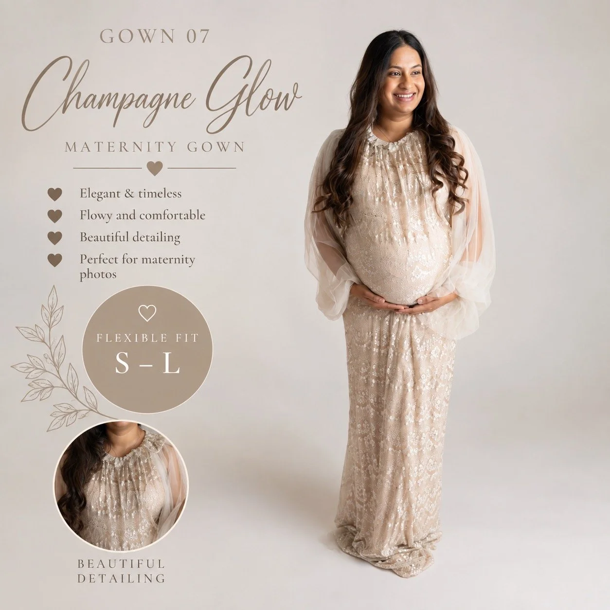 Pregnant mother wearing a champagne sequin maternity gown with sheer sleeves, available in sizes S–L, for studio maternity photography in West Windsor, NJ.