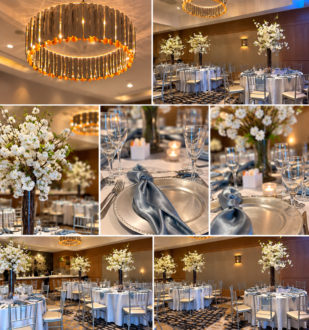 Event photography collage featuring an elegant New Jersey reception setup with white floral centerpieces, silver table settings, chandeliers, and decorated banquet tables
