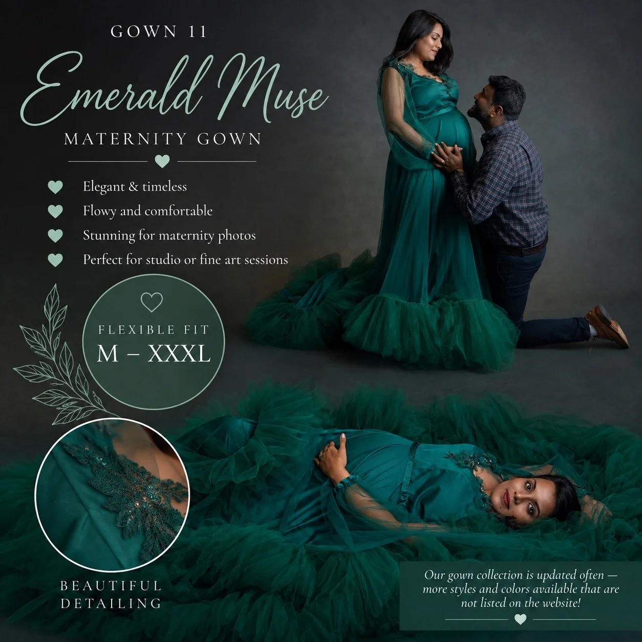 Pregnant mother wearing an emerald green maternity gown with flexible M–XXXL fit during a studio maternity photography session in West Windsor, NJ.