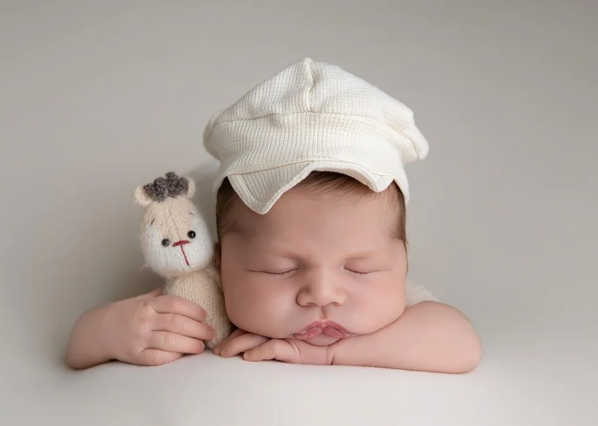 Sleeping newborn baby photographed in a Central NJ studio, posed safely with a soft neutral setup.