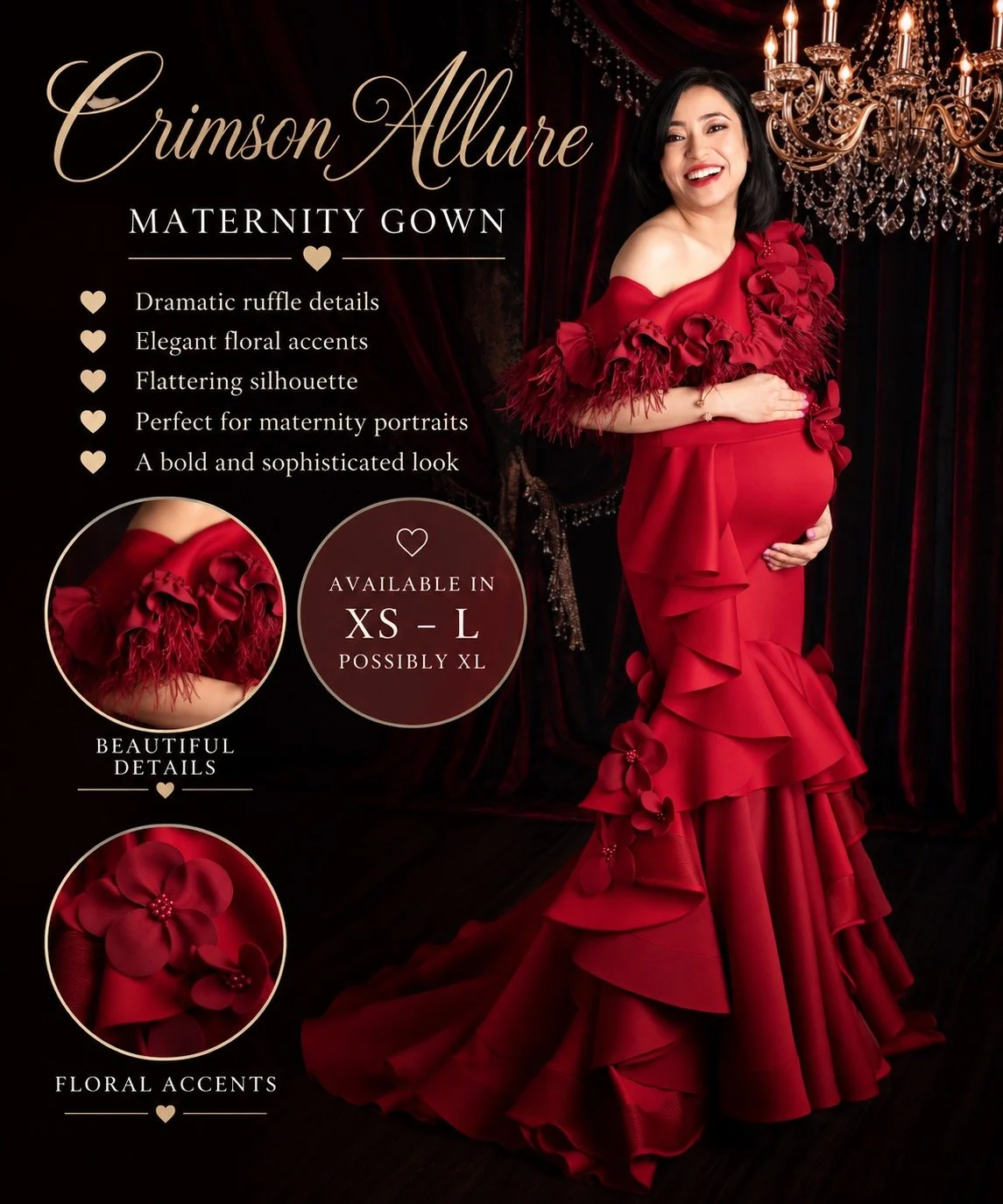 Pregnant mother wearing a dramatic crimson red maternity gown with floral ruffle details, available in sizes XS–L and possibly XL, during a studio maternity photography session in West Windsor, NJ.