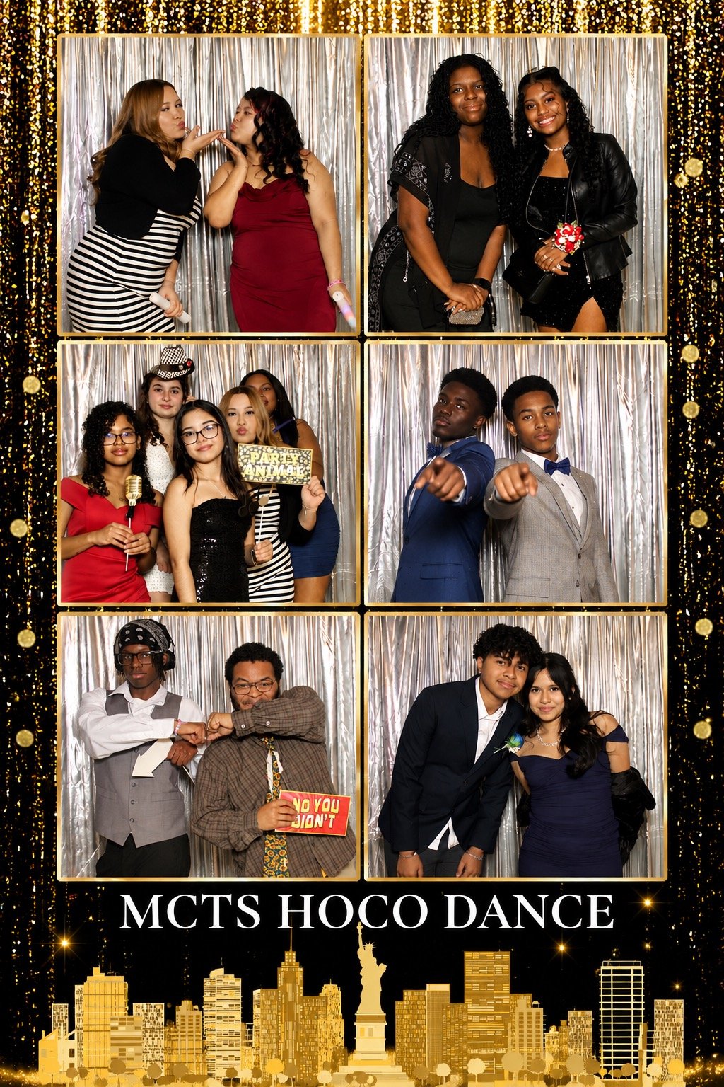 MCTS HOCO Dance photo booth collage featuring students posing with friends and fun props in front of a silver backdrop with a black and gold New York City themed frame.