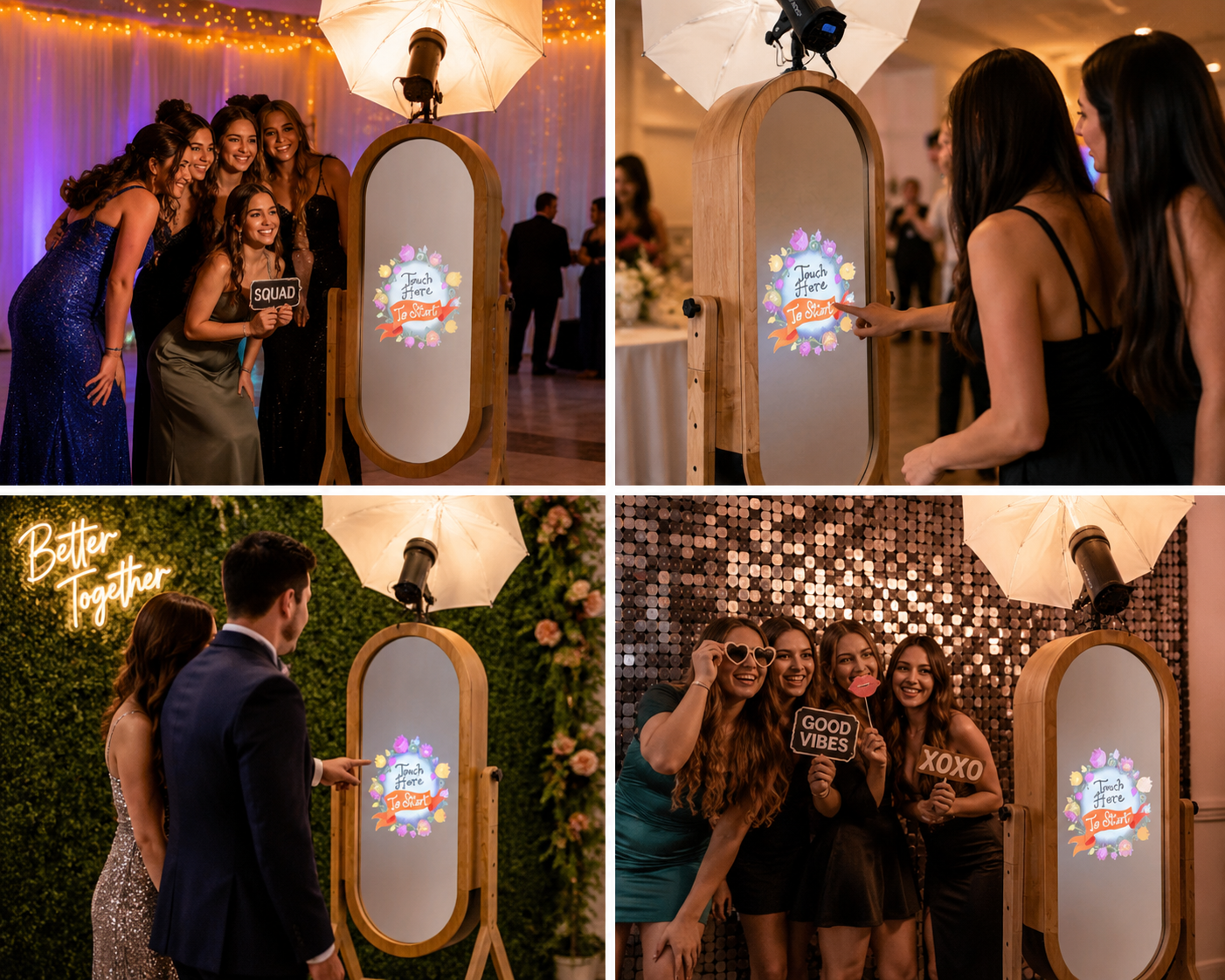 Photos of groups of women and a man at a photo booth with a mirror, participating in a fun photo activity at a celebration or party, with colorful decorations and signs saying 'Touch Here to Start', 'SQUAD', 'Good Vibes', and 'XOXO'.