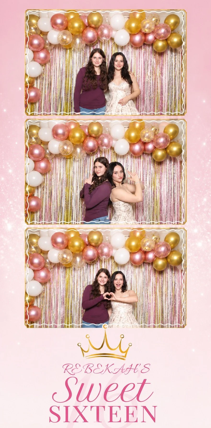 Sweet 16 photo booth guests posing in front of a pink, gold, and white balloon backdrop at a New Jersey birthday celebration