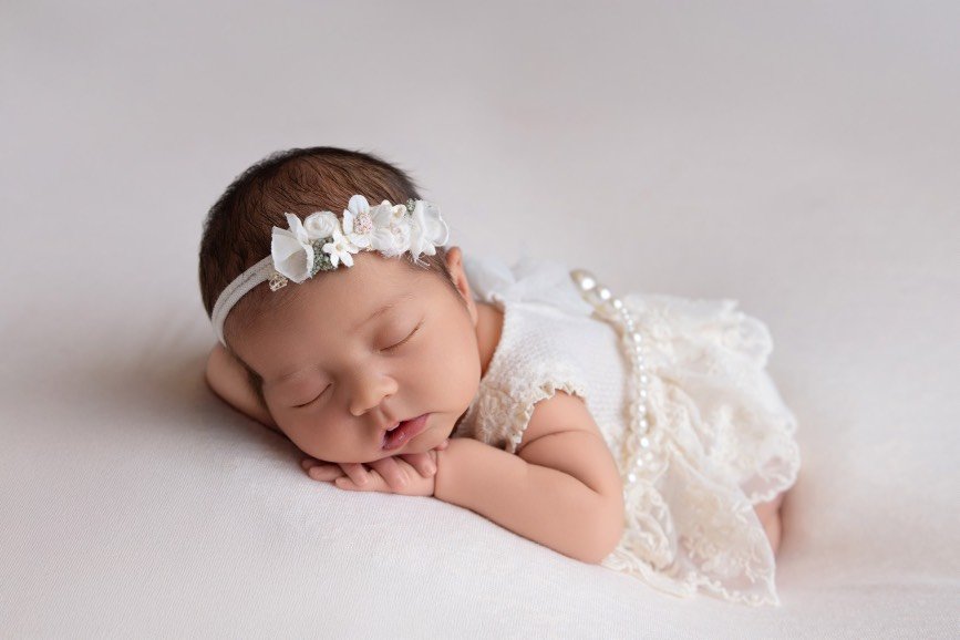 Posed newborn portrait of a sleeping baby girl resting on her hands in a timeless studio setting in New Jersey