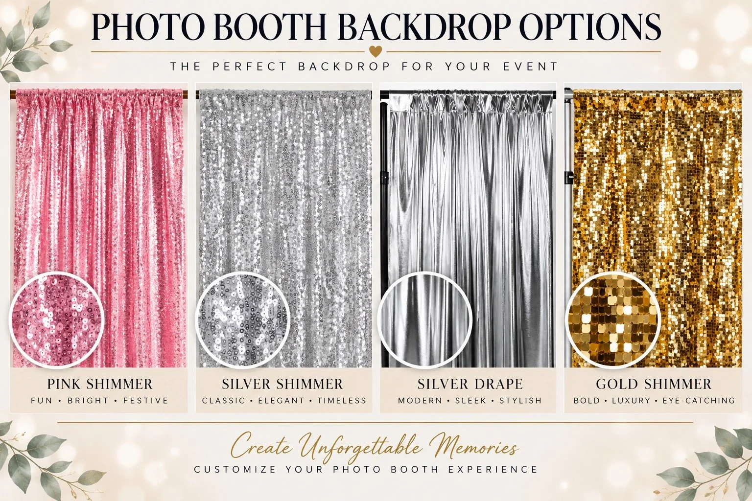 Photo booth backdrop options in pink shimmer, silver shimmer, silver metallic and gold shimmer for NJ events by Svetlana Boyko Photography.