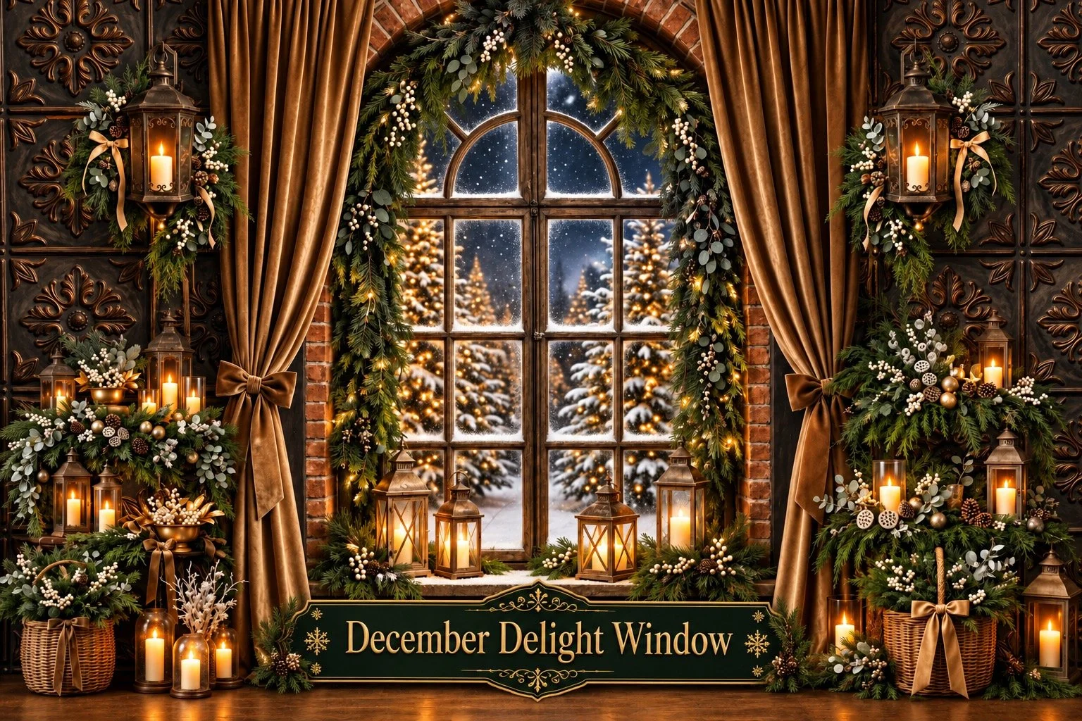 December Delight Window Christmas backdrop with greenery, lanterns and snowy trees for holiday photo sessions in West Windsor NJ