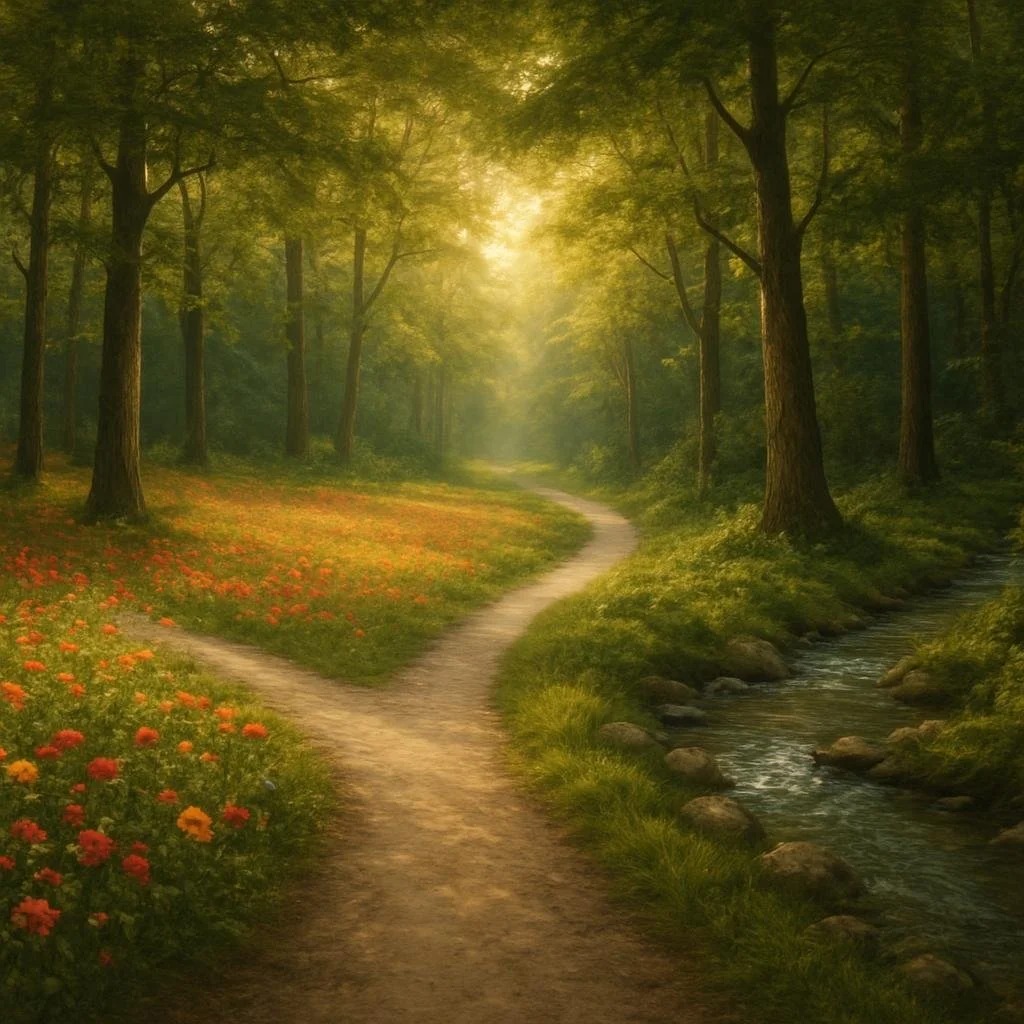 A peaceful forest scene with a winding dirt path next to a small stream, tall trees with green foliage, and sunlight filtering through the leaves.