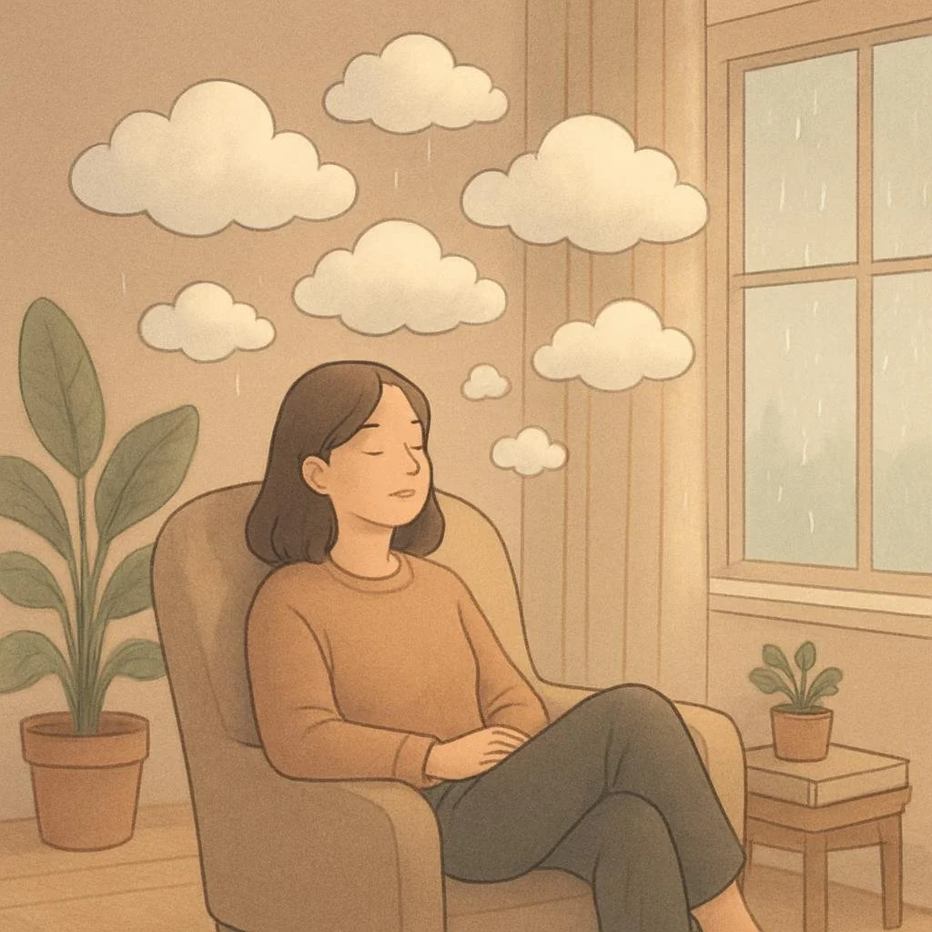 A woman sitting in a comfy chair with closed eyes, relaxing during rain outside, with clouds drawn in the background and a window showing rain, surrounded by houseplants.
