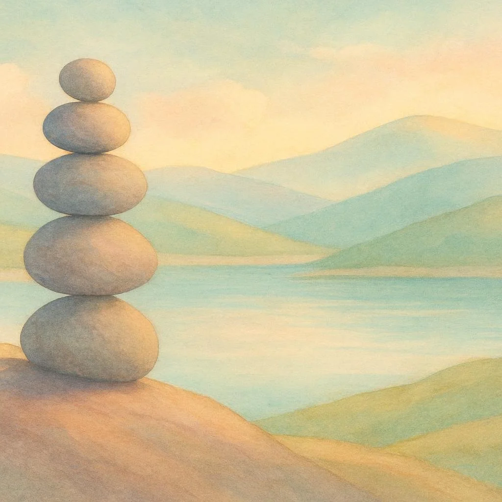 A painting featuring a stack of five smooth, rounded stones balanced on top of each other on a sandy surface near a body of water, with green rolling hills and mountains in the background under a pastel sky.