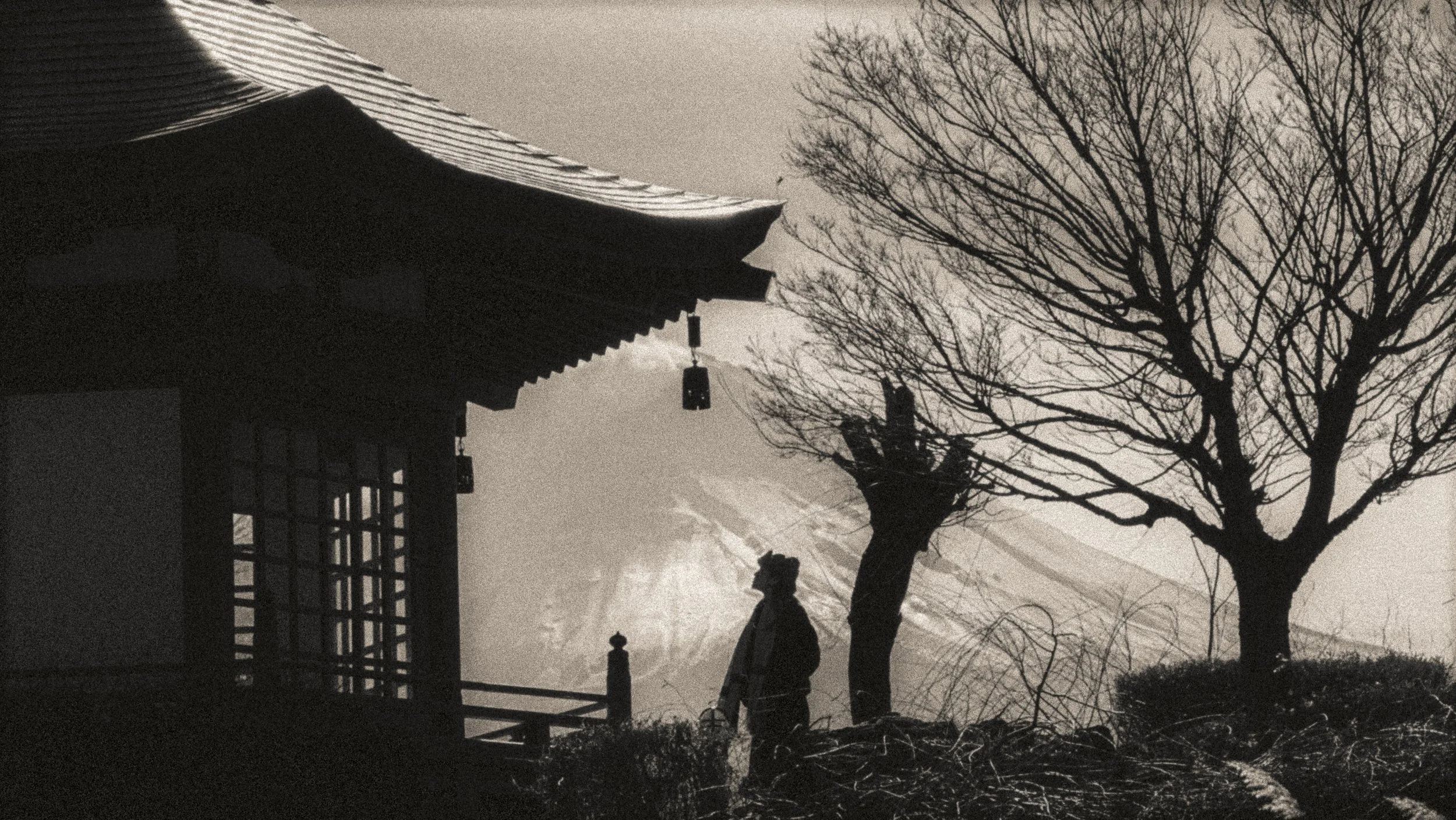 Mujer contempla un templo a los pies del Monte Fuji