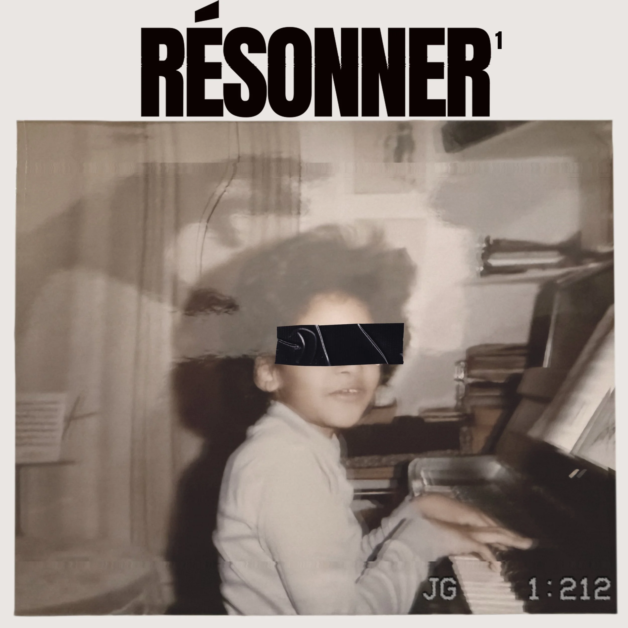 Jean Grae as a child, playing the piano. A large shadowy hand looms overhead. Vintage, blurred, surreal.