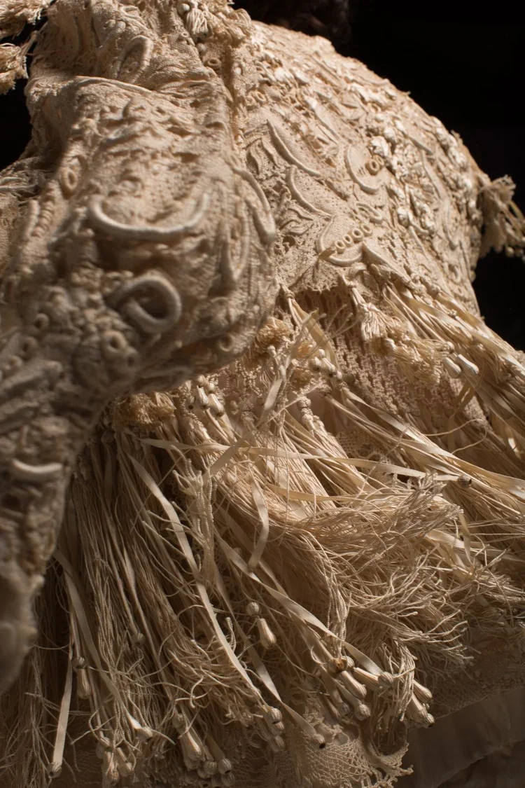 1800’s antique Edwardian fringe and lace coat. Textile Embellishment Detail
Close study of embroidered textile combining dense stitch work, tassels and hand-applied embellishment to create dimensional surface texture. | 18.01LONDON Fashion Research A