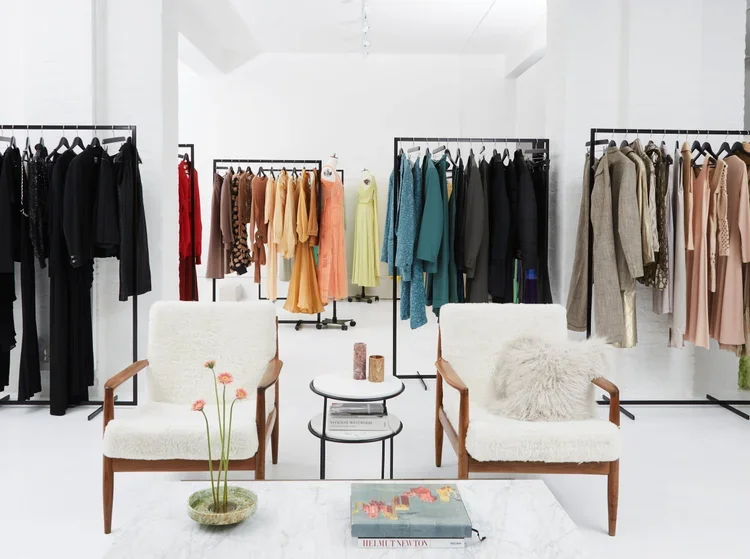 colourful Womenswear Archive Appointment curated to reflect a colour palette sent by a design team | 18.01LONDON Fashion Research

womenswear archive appointment featuring vintage designer garments arranged by colour for fashion research.

Behind the