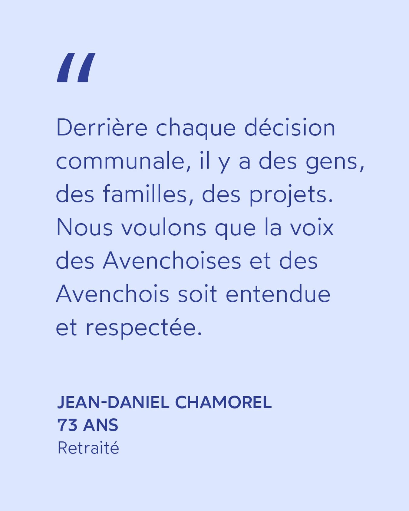 Jean-Daniel CHAMOREL &middot; Entente Avenchoise

&laquo;&nbsp;Derri&egrave;re chaque d&eacute;cision communale, il y a des gens, des familles, des projets.

Nous voulons que la voix des Avenchoises et des Avenchois soit entendue et respect&eacut