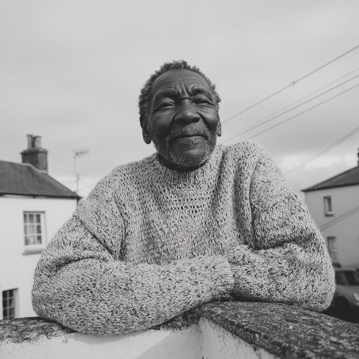 Black and white photo of an elderly man with a beard, wearing a knit sweater, sitting outdoors leaning on a ledge with his arms crossed, with houses and power lines in the background.