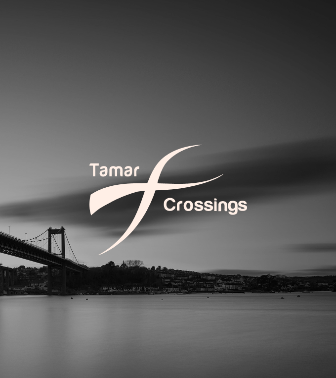 Black and white photo of a bridge over water with the logo 'Tamar Crossings'