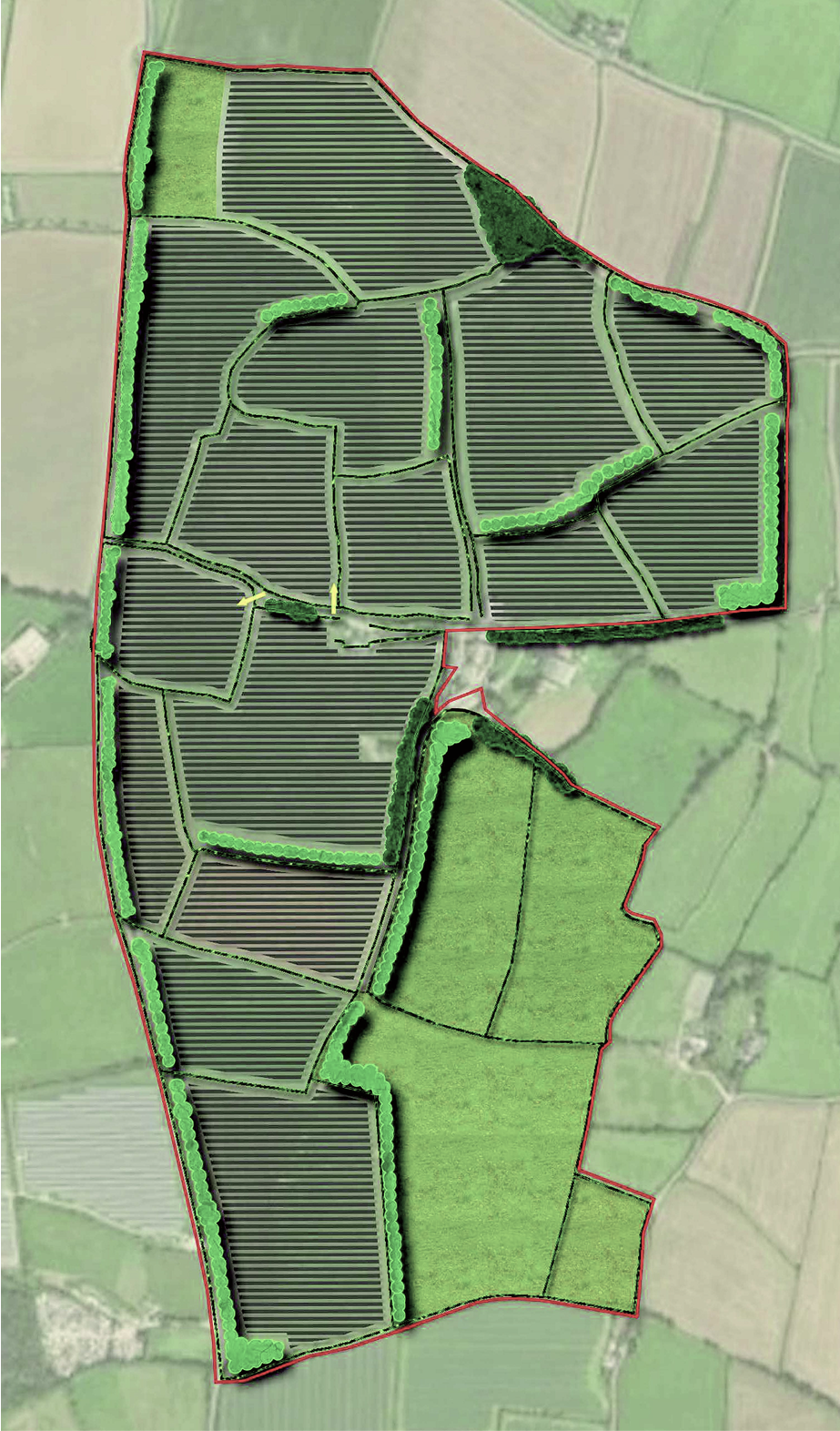 Aerial view of a large farm or estate with multiple fields outlined in red, some with striped patterns indicating crops, and surrounded by green trees and fields.