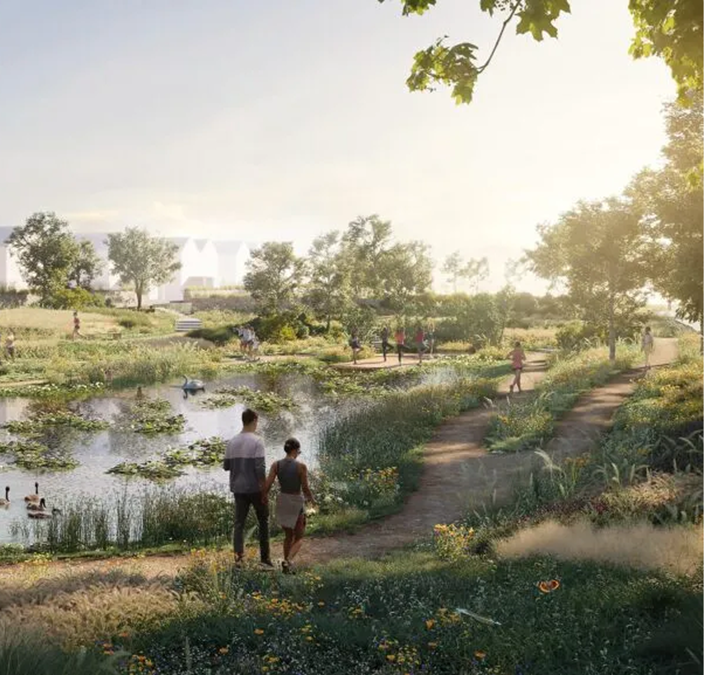 A peaceful park scene with a pond, ducks, and people walking on paths surrounded by trees and flowers during daytime.