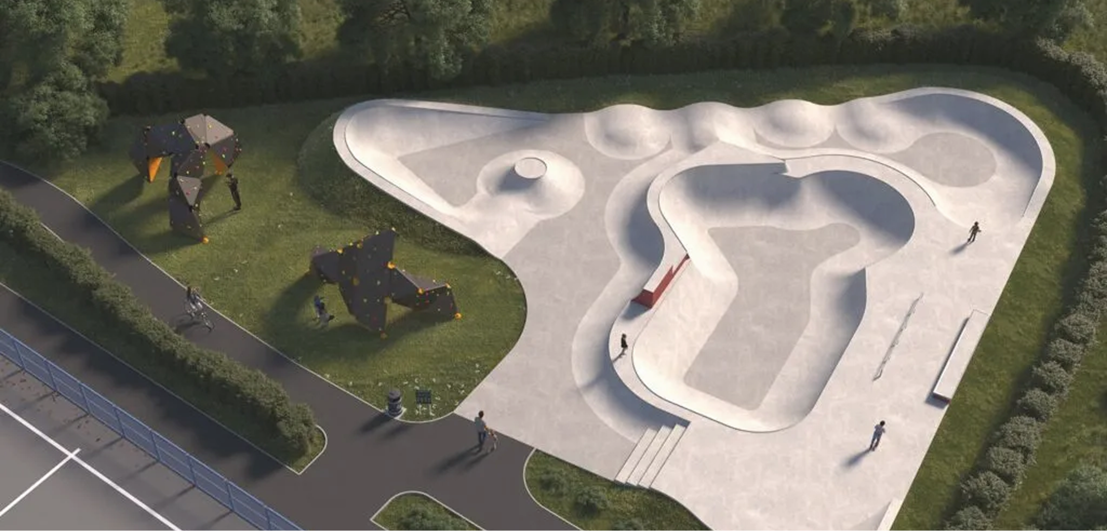 A skate park with a white concrete skate area featuring various ramps and bowls, surrounded by green grass, bushes, and trees.