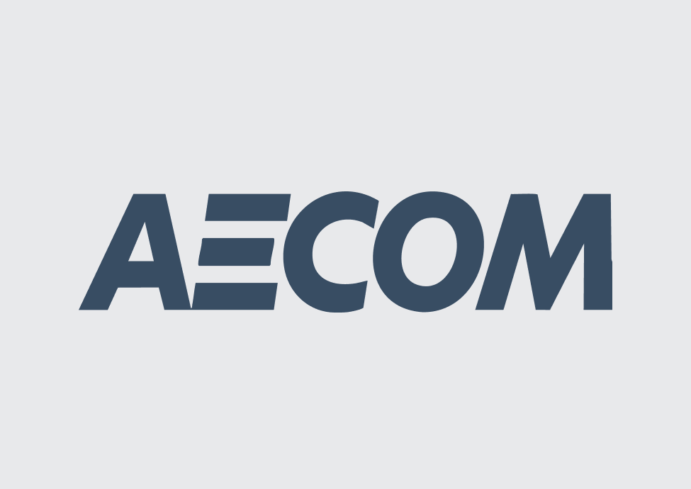 A logo with the word 'AECOM' in bold, dark blue letters on a light gray background.