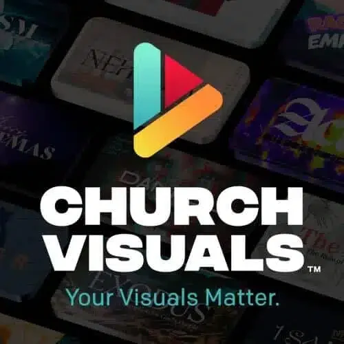 Logo of Church Visuals with the tagline 'Your Visuals Matter' on a background of various digital screens or apps.