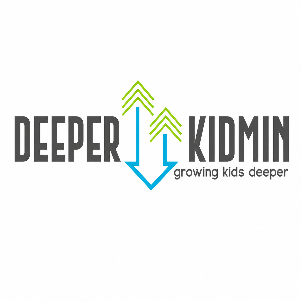 Logo for Deeper KidMin with arrows pointing downward and upward, with the tagline 'growing kids deeper'.