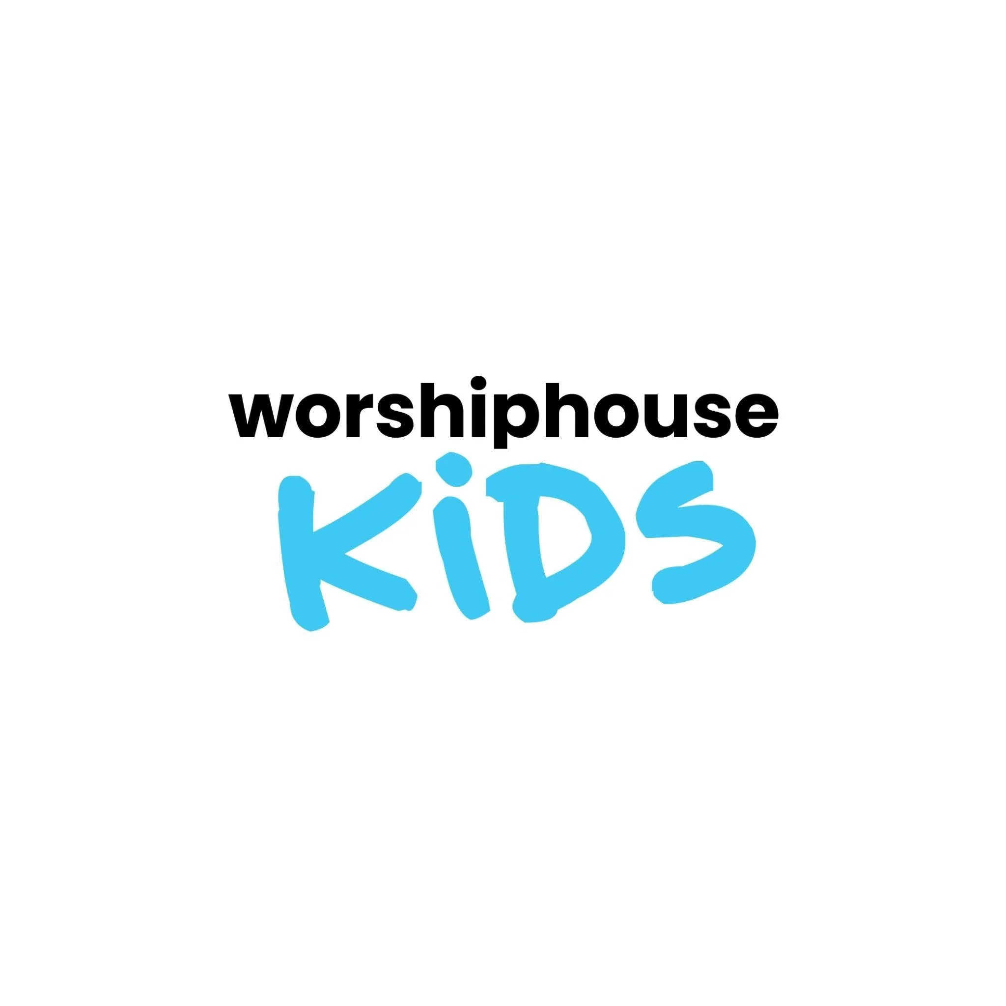 Text that reads 'Worshiphouse Kids' in black and light blue font, with the word 'Kids' stylized in playful, curly blue handwriting.