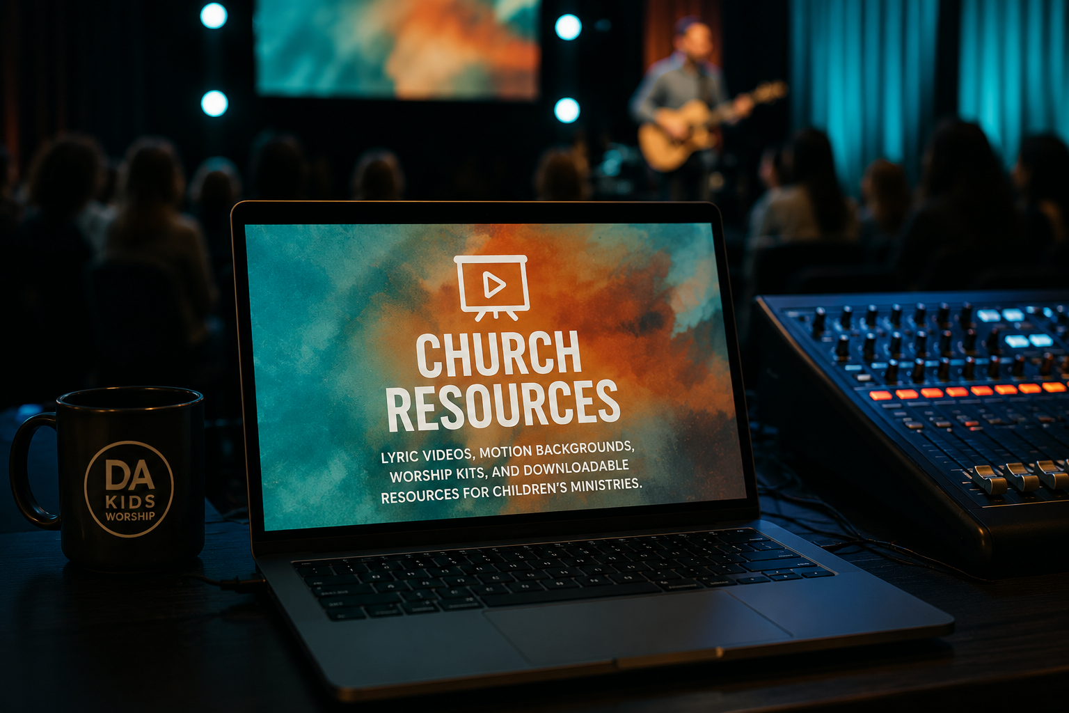Laptop displaying church resources for children's ministries, with a concert or event on stage in the background, a coffee mug labeled 'DA Kids Worship', and sound mixing equipment.