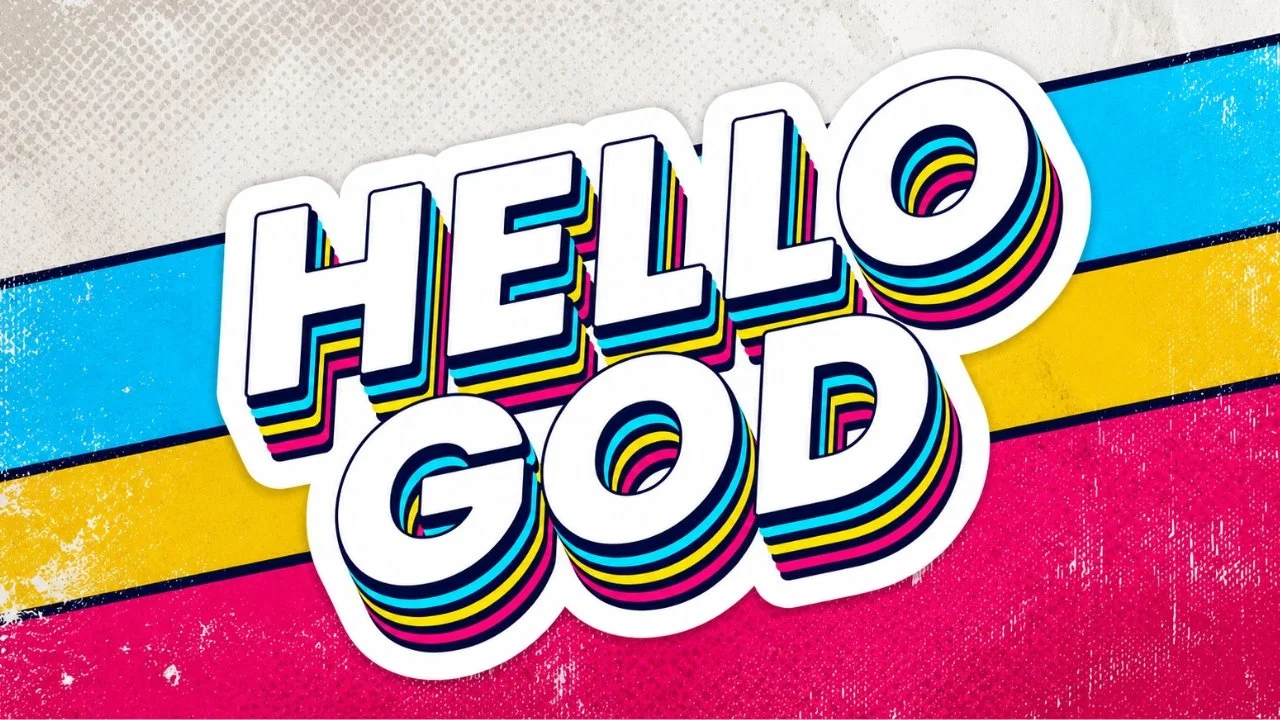 Colorful 3D text that says 'HELLO GOD' with rainbow stripes on a background of blue, yellow, and pink horizontal stripes.