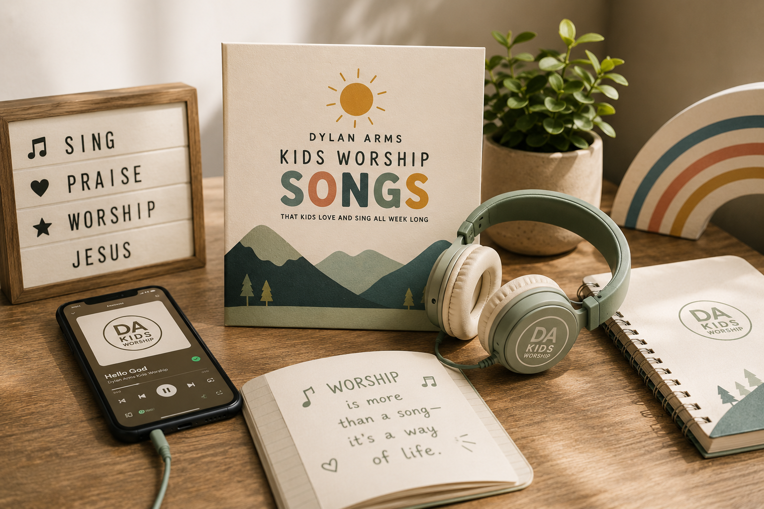 A wooden table with a book titled "Dylan Arms Kids Worship Songs," a pair of green and white headphones, a smartphone with a music player app, a small chalkboard sign with worship themes, a potted plant, a rainbow decor piece, and a notebook with a handwritten quote about worship.