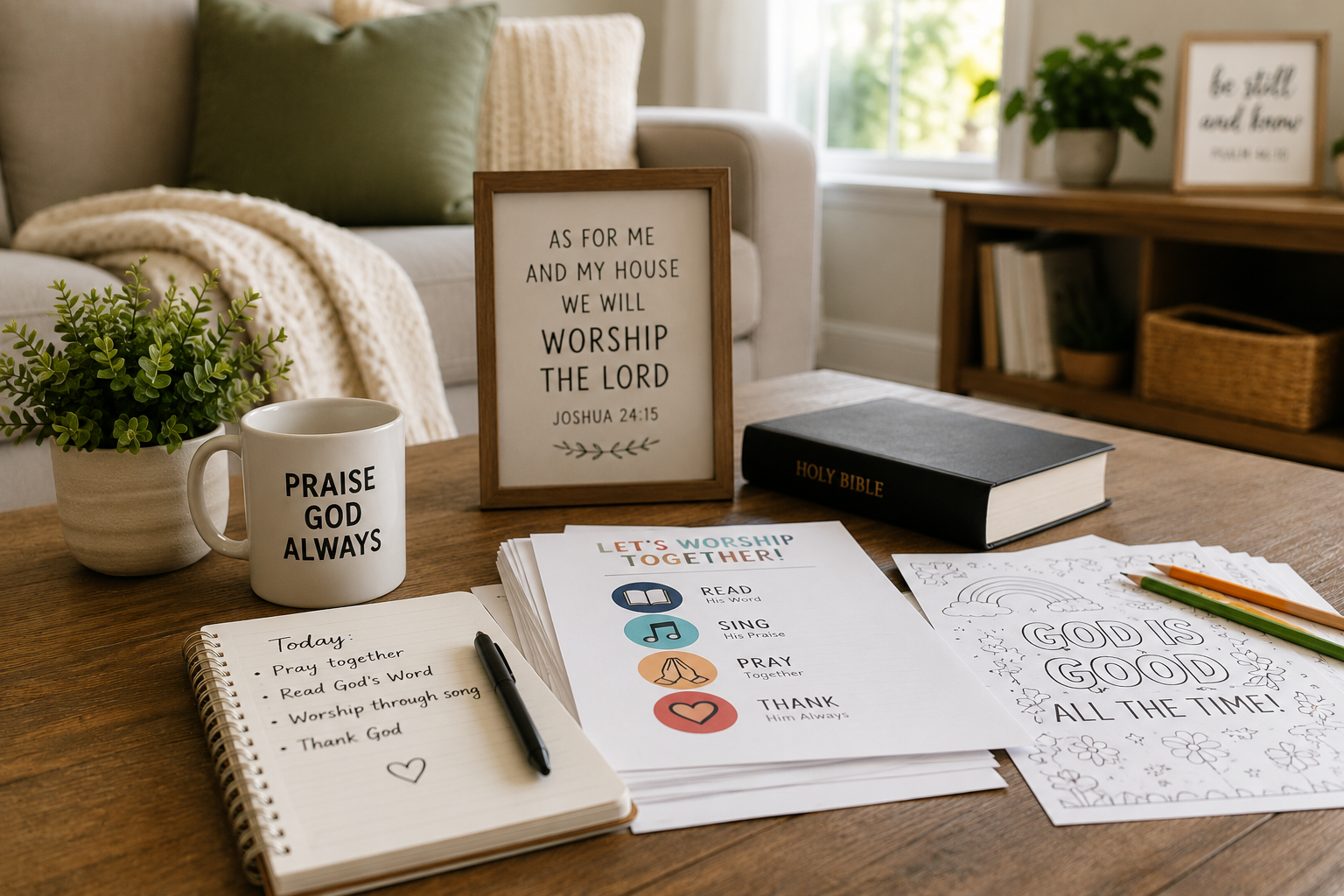 A wooden table with a potted plant, a white mug with 'Praise God Always' written on it, a notepad with a black pen, religious activity sheets, a Holy Bible, and framed signs with inspirational messages in a cozy living room.